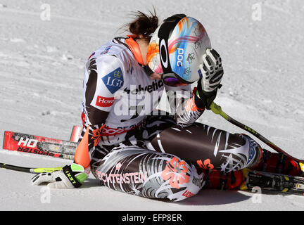 Beaver Creek, Colorado, Stati Uniti d'America. Il giorno 08 Febbraio, 2015. Tina Weirather del Liechtenstein reagisce dopo la sua esecuzione nel Signore " Discesa a sci alpino Campionati del Mondo di Vail - Beaver Creek, Colorado, Stati Uniti d'America, 06 febbraio 2015. Foto: Stephan Jansen/dp/Alamy Live News Foto Stock