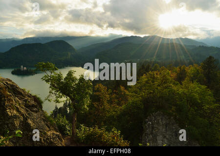 Il lago di Bled (Blejsko jezero), di Bled e sulle Alpi Giulie, Slovenia, Europa Foto Stock