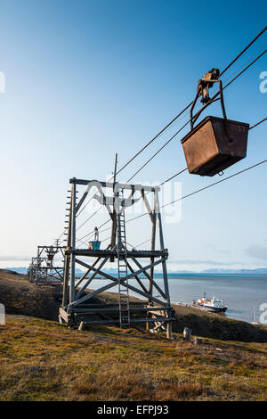 Vecchi carrelli di carbone a Longyearbyen, Svalbard artico, Norvegia, Scandinavia, Europa Foto Stock