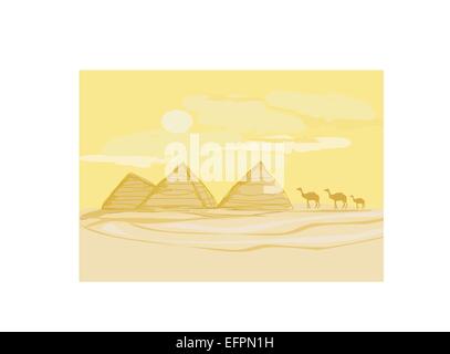 Le piramidi di Giza e cammelli silhouette sul paesaggio del deserto Illustrazione Vettoriale