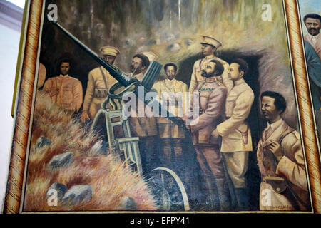 La guerra dell'imperatore Haile Selassie con italiani, affresco del 1959. Duomo di San Giorgio, Addis Abeba, Etiopia Foto Stock