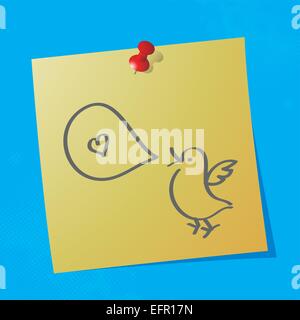 Uccellino con discorso bolla disegnati a mano su carta adesiva, eps10 illustrazione vettoriale Illustrazione Vettoriale