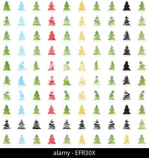 Icona Design Vettoriali Collezione di un centinaio di alberi di Natale in diversi colori e alcune in sagome Illustrazione Vettoriale