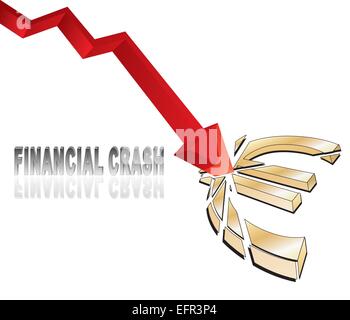 Crollo finanziario con schema colore rosso freccia smashing euro illustrazione di segno Illustrazione Vettoriale