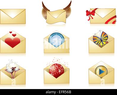 Mail dettagliata imposta icona con riflessioni, illustrazione vettoriale Illustrazione Vettoriale