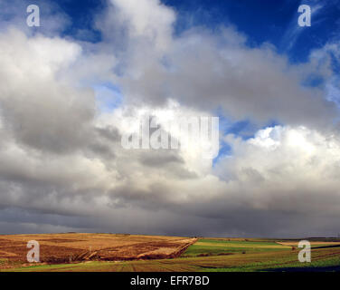 I campi e il cielo durante una giornata invernale in North Cornwall. Foto Stock