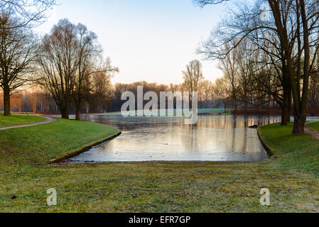 Immagine di stock di un lago ghiacciato al mattino presto Foto Stock