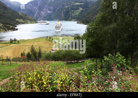 Vista delle navi da crociera in Geirangerfjord, Geiranger città patrimonio dell'Umanità UNESCO, regione di Sunnmøre, contea di Møre og Romsdal, Wes Foto Stock