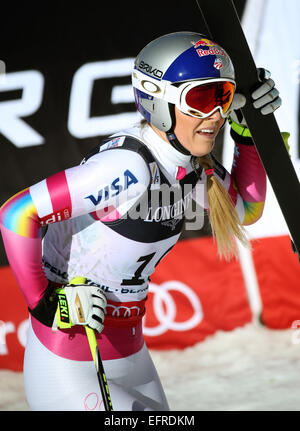 Lindsey Vonn di USA reagisce al traguardo dopo la discesa della womens combinata presso lo sci alpino Campionati del Mondo di Vail - Beaver Creek, Colorado, Stati Uniti d'America, 09 febbraio 2015. Foto: Stephan Jansen/dpa Foto Stock