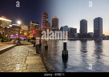 Skyline di Boston il giorno e la notte montage - Massachusetts - Stati Uniti d'America - Stati Uniti d'America Foto Stock