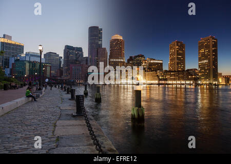 Skyline di Boston il giorno e la notte montage - Massachusetts - Stati Uniti d'America - Stati Uniti d'America Foto Stock