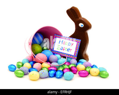 Felice Pasqua carta rosa e secchio di spargimento candy Foto Stock