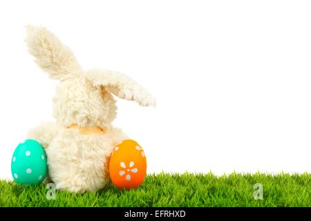 Toy coniglietto di Pasqua su erba con uova colorate formanti un angolo confine Foto Stock