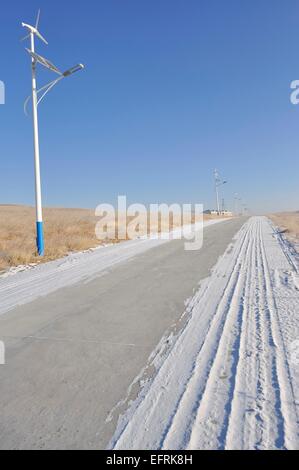 Lampione alimentato da pannelli solari e turbine eoliche(manzhouli,Inner Mongolia Cina) Foto Stock