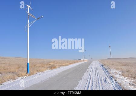 Lampione alimentato da pannelli solari e turbine eoliche(manzhouli,Inner Mongolia Cina) Foto Stock