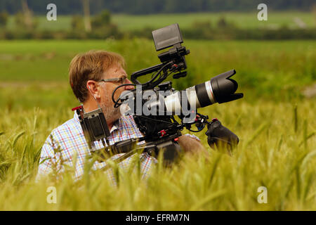 Cameraman al lavoro in un campo di grano Foto Stock