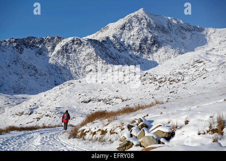 Walker avvicinando Snowdon, la montagna più alta in Inghilterra e nel Galles, in condizioni invernali Foto Stock