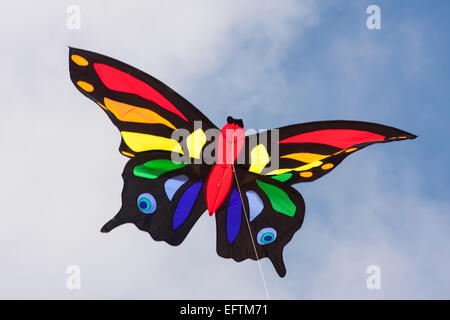 Coloratissimo aquilone da farfalla che vola al Weymouth Kite Festival a Weymouth, Dorset UK, nel mese di maggio Foto Stock