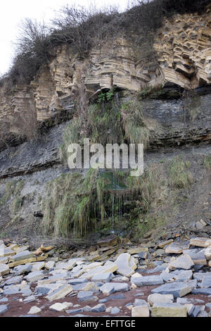 L'acqua che scorre attraverso la roccia nella scogliera a Penarth beach in Galles del Sud Foto Stock