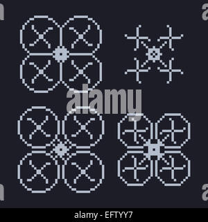 Semplice insieme di pixel art style azzurro quadcopter forma con quattro eliche Foto Stock