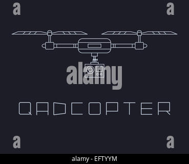 Quadrocopter dron con azione icona Fotocamera. semplice stile linea illustrazione vettoriale Foto Stock