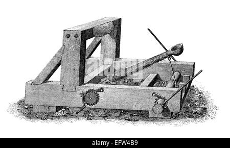 Incisione in stile vittoriano di una catapulta medievale. Restaurata digitalmente immagine da una metà del XIX secolo enciclopedia. Foto Stock