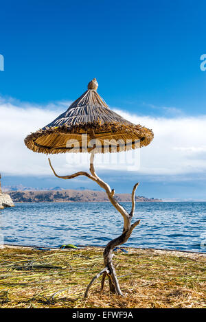 Pettine piccolo ombrello su un isola galleggiante sul lago Titicaca vicino a Copacabana, Bolivia Foto Stock