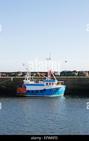 Piccolo Blu barca da pesca ormeggiate nel porto di Pittenweem. Mostra la parete del porto con le reti da pesca e pesca Pittenweem pots Foto Stock