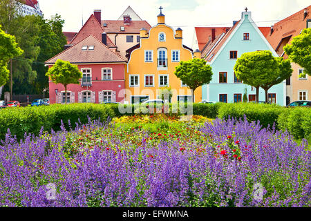 Primavera a Landshut, città bavarese nei pressi di Monaco di Baviera. Splendida Purple Sage aiuola di fiori nella parte anteriore del tipico delle case rinascimentali Foto Stock