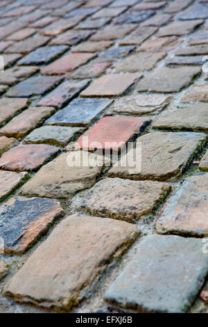 Dettaglio del vecchio acciottolato tradizionale strada in un villaggio sulle isole Scilly, Cornwall, Regno Unito Foto Stock