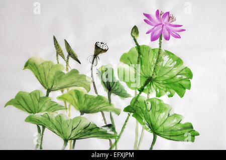 Fiore di loto pittura ad acquerello su carta di riso, arte originale, stile asiatico Foto Stock