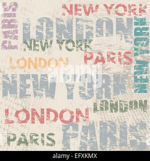 Poster tipografici design con i nomi di città di Londra, Parigi e New York il grunge sfondo graffiato Foto Stock