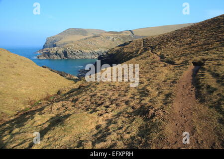 Sentiero costiero guardando verso Kellan testa porta, Quin, North Cornwall, England, Regno Unito Foto Stock