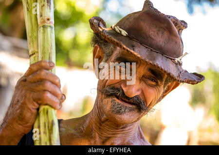 La canna da zucchero l'agricoltore che detiene canne da zucchero e canna da zucchero piantagione e la Valle de los Ingenios, Trinidad, Sancti Spiritus Provincia, Cuba Foto Stock