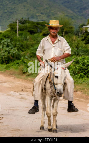 Anziani agricoltori cubani su muleback, la Valle de los Ingenios, Trinidad, Sancti Spiritus Provincia, Cuba Foto Stock