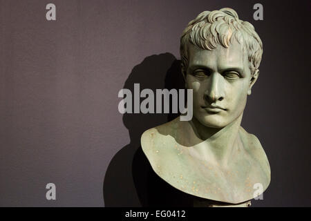 Busto di Napoleone di Antonio Canova, bronzo. La mostra 'Bonaparte e il British: stampe e la propaganda in età di Napoleone' apre al British Museum, 5 febbraio al 16 agosto 2015. Concentrandosi sulla stampa della propaganda che sia vituperato o glorificato Napoleone Bonaparte, la mostra esplora come la sua carriera ha coinciso con il picco di satira politica come una forma di arte su entrambi i lati del canale inglese alla fine del XIX secolo. Foto Stock