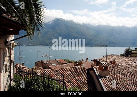 Vista sui tetti di Limone sul riparo e il Lago di Garda. Ai piedi di un ripido pendio a monte dell'affascinante cittadina di Limone del Sul è costruito in terrazze. Lombardia, Italia. Foto: Klaus Nowottnick Data: Agosto 28, 2014 Foto Stock