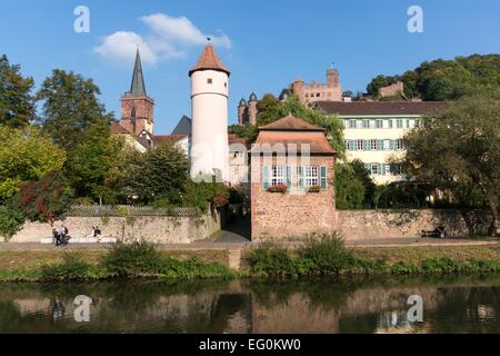 Germania: città di Wertheim come si vede dal fiume Tauber, Baden-Württemberg. Foto da 3. Ottobre 2014. Foto Stock