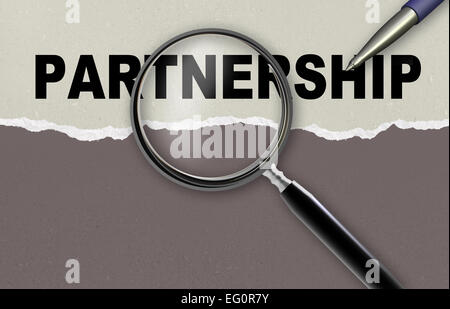 Parola partnership e lente di ingrandimento con matita realizzata in software 2D Foto Stock