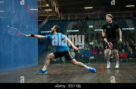 Sportcity, Manchester, Regno Unito. Il 13 febbraio, 2015. Daryl Selby (Essex), il mondo si è classificato 14, vince 16-14,11-8, 11-6 contro Tom Richards (Surrey), il mondo si è classificato 34, indossa la fascia. British National Squash Championships Quarti di Finale Manchester, UK. Credito: Giovanni friggitrice/Alamy Live News Foto Stock