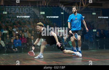 Sportcity, Manchester, Regno Unito. Il 13 febbraio, 2015. Daryl Selby (Essex), il mondo si è classificato 14, vince 16-14,11-8, 11-6 contro Tom Richards (Surrey), indossando archetto, mondo classificato 34. British National Squash Championships Quarti di Finale Manchester, UK. Credito: Giovanni friggitrice/Alamy Live News Foto Stock