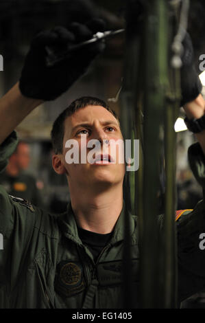 100118-F-2034C-132 Staff Sgt. Brad Edwards si disconnette linee statiche sul suo C-17 Globemaster III dopo il pallet di forniture di sfiato esce il suo aereo su Haiti Gen 18, 2010. Il C-17, con equipaggio aviatori da 437 Airlift Wing, Charleston Air Force Base, Charleston, Carolina del Sud, partì il Papa AFB, North Carolina e consegnato 40 bancali di cibo e acqua. Per garantire la sicurezza del popolo haitiano, Joint Task Force-Haiti fissato un area in cui airdrop le forniture. Una volta a terra, le forniture sono state distribuite da JTF-Haiti, USAID e altro personale di rilievo. Master Sgt. Shane A. Cuomo Foto Stock