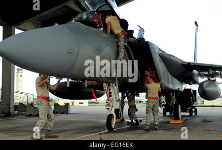 Equipaggi di manutenzione con la 67th manutenzione aeromobili, unità di Kadena Air Base, Giappone, preparare un F-15 per la partenza per la Valiant scudo, una formazione congiunta esercizio detenute in Guam. Più di 18 aeromobili e 600 Kadena membri distribuiti in sostegno della bi-annuale di funzionamento. US Air Force foto/Staff Sgt. Christopher Hummel Foto Stock