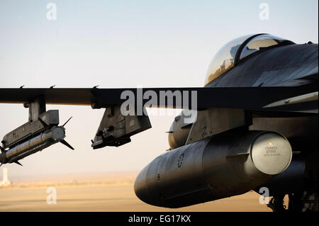 Stati Uniti Aria Capt. Derrick "Serbatoio" Franck, 77th Fighter Squadron, Shaw Air Force Base, S.C., prepara un F-16 Fighting Falcon per il decollo come parte dell'aria di Falcon soddisfare 2010 ad Azraq Air Base, Giordania, Ott. 21, 2010. Lo scopo dell'aria Falcon soddisfare è quella di migliorare militare internazionale di relazioni e di comuni operazioni di aria. Il personale Sgt. Eric Harris Foto Stock