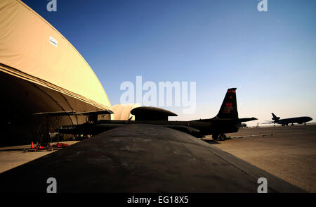 Stati Uniti Air Force di tecnici di manutenzione assegnato al 380 Expeditionary Manutenzione aeromobili squadrone, lavorare in e intorno a U-2 velivolo nov. 23, 2010. La U-2 Dragon Lady aeromobile è attualmente distribuito in una località segreta in Asia sud-ovest. Il personale Sgt. Andy M. Kin Foto Stock