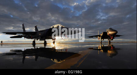 Due Stati Uniti Air Force F-15E Strike Eagle aeromobile assegnati al 391 e 389a Fighter Squadron sedersi sulla Montagna Home Air Force Base, Idaho, linea di volo durante il tramonto 6 dicembre 2010. F-15E è un doppio ruolo fighter progettato per eseguire aria-aria e missioni aria-terra. Un array di avionica e sistemi elettronici dà F-15E la capacità di combattere ad altitudine bassa, di giorno o di notte, in tutte le condizioni atmosferiche. Senior Airman Debbie Lockhart Foto Stock