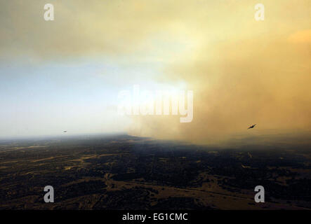 Due C-130H Hercules aeromobile dal 302nd Airlift Wing, Colorado Springs Air Force Reserve, orbita vicino al Deaton Cole wildfire mentre si è in attesa di goccia agente ignifugo in Val Verde County, Texas, 29 aprile. Il C-130s sono equipaggiate con il sistema modulare Airborne impianto antincendio che è in grado di erogare 3.000 galloni di acqua o ritardante del fuoco in meno di 5 secondi. Incendi sono sparsi in varie parti del Texas e hanno bruciato oltre un milione e mezzo di ettari a partire da gennaio. Il personale Sgt. Eric Harris Foto Stock