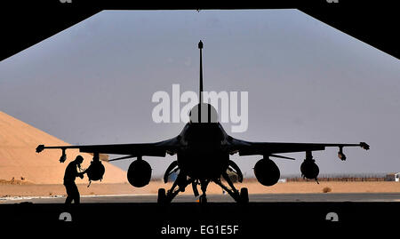 Un caricatore di armi dal 125th Expeditionary Fighter Squadron esegue un post controllo di volo su di un F-16 Fighting Falcon dopo il suo arrivo in Iraq 1 Ottobre, 2011. Lo squadrone distribuito come supporto di operazione nuova alba e fornirà aria vicino il supporto per più di 40.000 truppe di lasciare l'Iraq entro la fine dell'anno. Il 125th EFS è compreso di F-16s, piloti, specialisti di manutenzione e del personale di supporto dall'Oklahoma aria GuardÕs nazionale 138th Fighter Wing in Tulsa, Okla. Lo squadrone comprende anche membri della Ohio Air National GuardÕs centottantesimo Fighter Wing a Toledo, Ohio, e l'Arizona Foto Stock