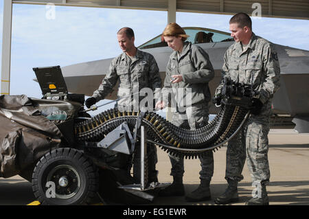 Stati Uniti Air Force Staff Sgt. Christopher A. Stacklin, Airman 1. Classe Darby J. Ryan e Staff Sgt. Greg K. vuole condurre un'ispezione di una munizione universale Sistema di caricamento a gennaio 26, 2012, su Langley Air Force Base, Va. Il 192nd Manutenzione e operazioni gruppi ciascuno ha ricevuto recentemente la Air Force unità eccezionale premio per i propri successi negli ultimi due anni. Il aviatori sono F-22 Raptor armi caricatori assegnati al Virginia Air National Guard's 192nd Fighter Wing a Langley AFB. Master Sgt. Carlos Claudio Foto Stock