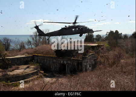 Pararescue jumper, combattere salvataggio ufficiali ed equipaggi di membri da la 106ª Ala di salvataggio condotta casualty il recupero della formazione a prugna isola malattia animale Center di New York il 13 aprile 2012. Senior Airman Christopher S. Muncy Foto Stock